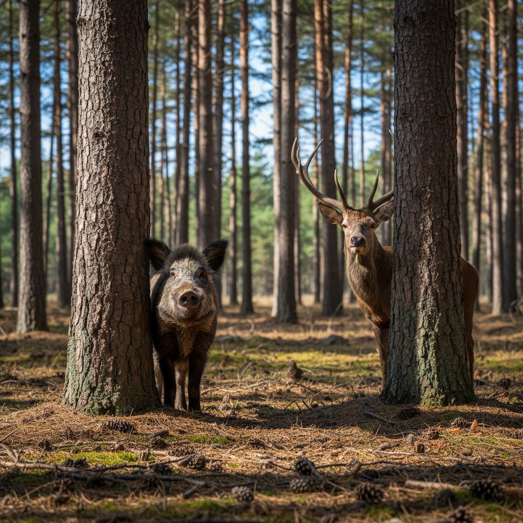 tre glada vildsvin som dansar i en ring i en tallskog